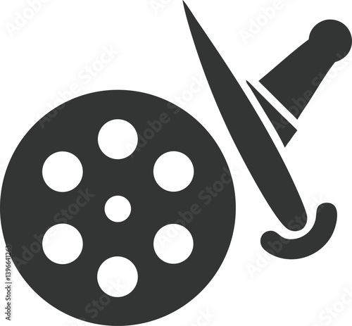 Minimalist of Film Reel and Sword in Dark Gray on Transparent Background