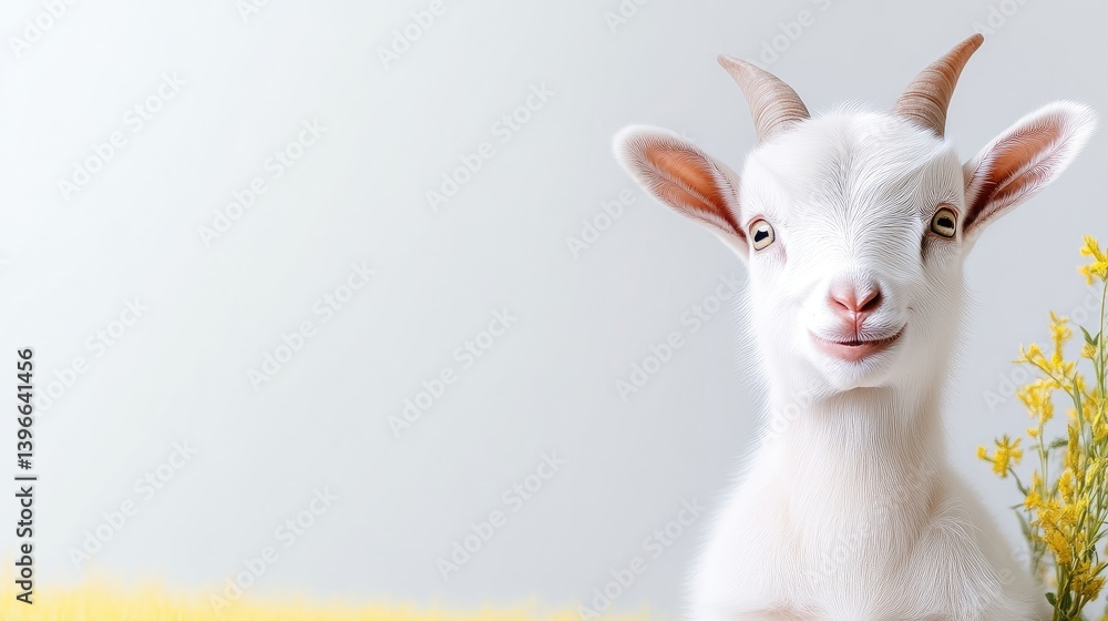 Adorable white baby goat, cute face, soft focus, spring theme Adorable white baby goat, cute face, soft focus, spring theme