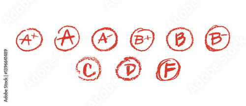 Vector illustration of school grades (A to F) drawn with a crayon, chalk or pastel texture. Hand-drawn red marks in rough circles, resembling teacher's grading on student assignments