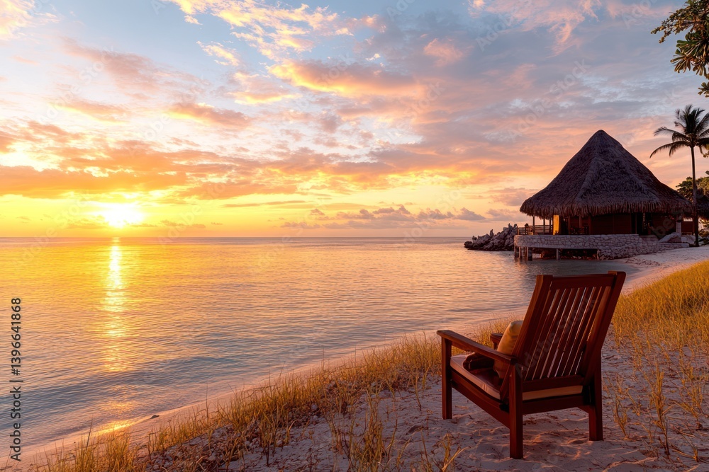 Tranquil Sunset Beach Landscape with Lone Beach Chair, Palm Trees, Crystal-clear Waters, and Vibrant Sky - Peaceful and Serene Tropical Paradise Scene Inviting Relaxation and Escape