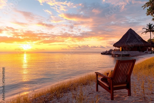 Obraz na płótnie Tranquil Sunset Beach Landscape with Lone Beach Chair, Palm Trees, Crystal-clear Waters, and Vibrant Sky - Peaceful and Serene Tropical Paradise Scene Inviting Relaxation and Escape w salonie