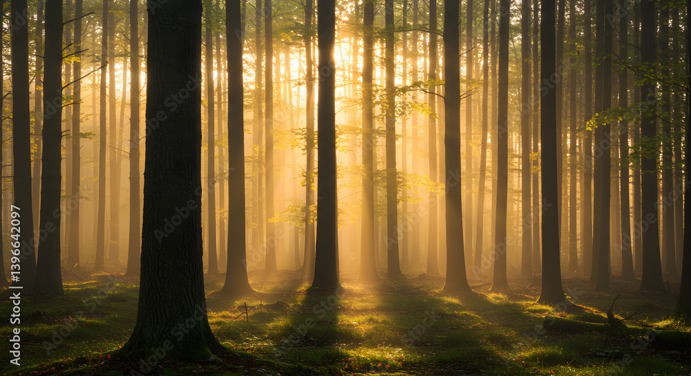 Fototapeta premium Misty Forest with Sunlight Rays