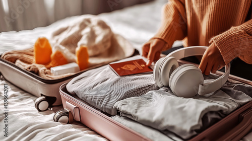 A young woman packing a suitcase, clothes neatly folded, travel essentials like a passport, headphones, and toiletries visible, for travel on vacation. Ai generated.