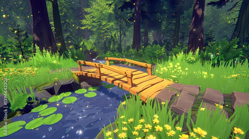 Tranquil Forest Clearing with Sunlight, Oldgrowth Trees, Rustic Bridge, and Woodland Creatures in Lush Natural Surroundings