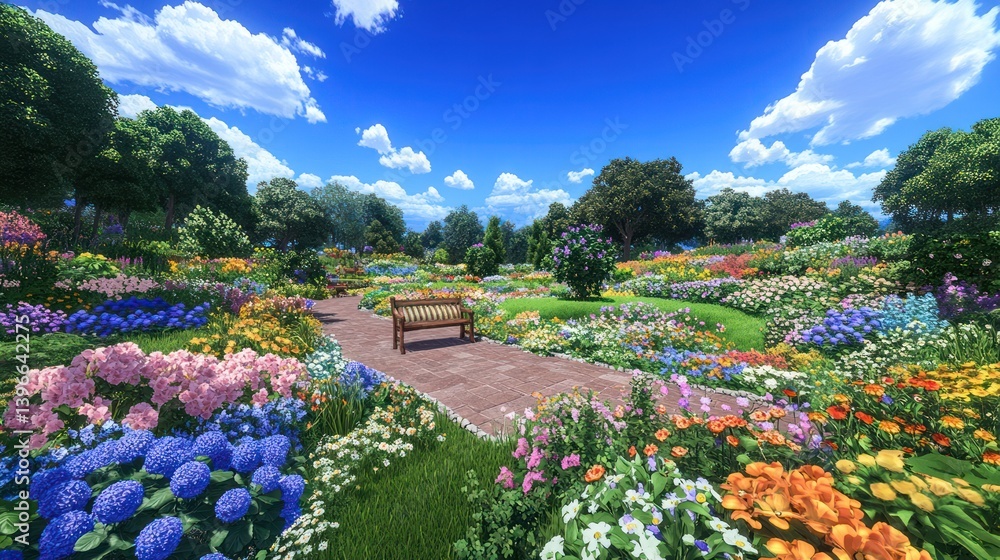 Serene Springtime Garden Oasis with Vibrant Blooms, Lush Greenery, and Inviting Bench for Relaxation. Joyful Atmosphere with Chirping Birds in Background, Perfect for Appreciating Nature's Beauty.