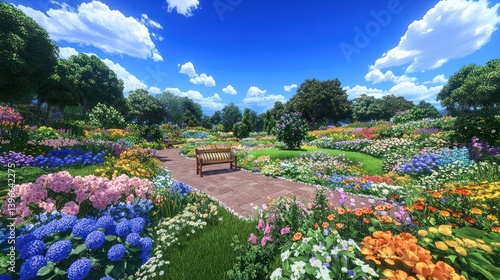 Obraz na płótnie Serene Springtime Garden Oasis with Vibrant Blooms, Lush Greenery, and Inviting Bench for Relaxation. Joyful Atmosphere with Chirping Birds in Background, Perfect for Appreciating Nature's Beauty. w salonie