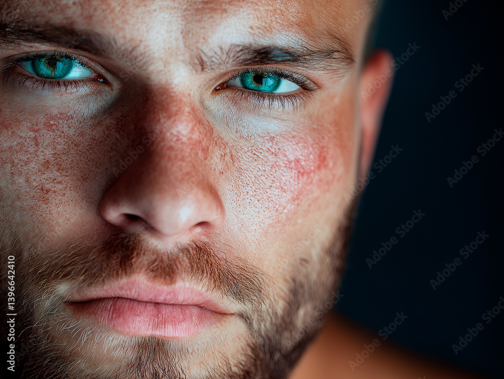 Obraz premium Male face with natural skin imperfections, pores and texture. Image celebrates unfiltered male beauty and authenticity.