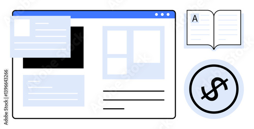 Website template with content blocks, open book, and dollar sign circle highlighting online publishing, education, and monetization. Ideal for marketing, learning, website creation, blogging