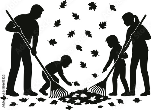 Vector silhouette of family raking autumn leaves together – fall season outdoor activity
