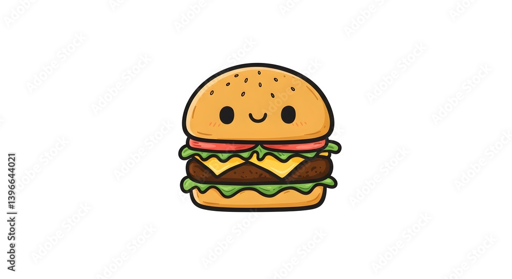 Delightful Cartoon Burger Illustration with Smiling Face and Fresh Ingredients Delightful Cartoon Burger Illustration with Smiling Face and Fresh Ingredients