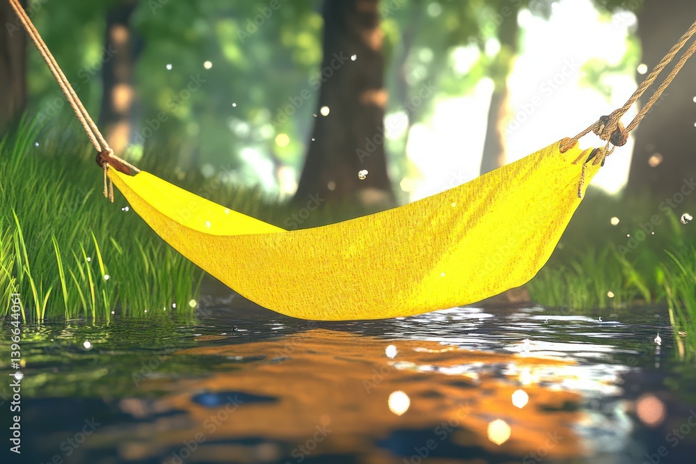 Tranquil scene of person lounging in hammock by gentle stream in serene meadow, evoking feeling of contentment, warmth, and infinite relaxation