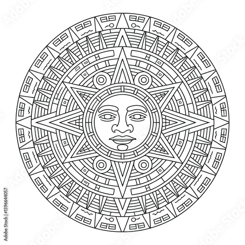 Aztec Calendar Line Art, Silhouette, Vector, Icon, Logo, White Background.