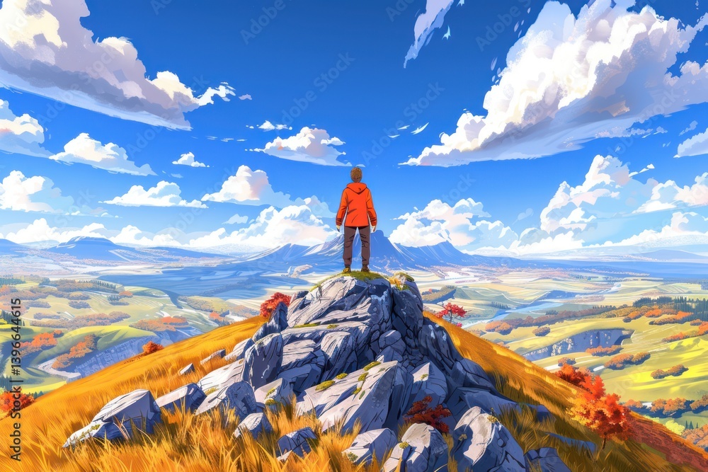 Adventurous Explorer Standing on Rocky Outcropping Overlooking Vast Landscape with Vibrant Foliage and Clear Blue Sky, Feeling Determined and Optimistic for Exciting Journey Ahead