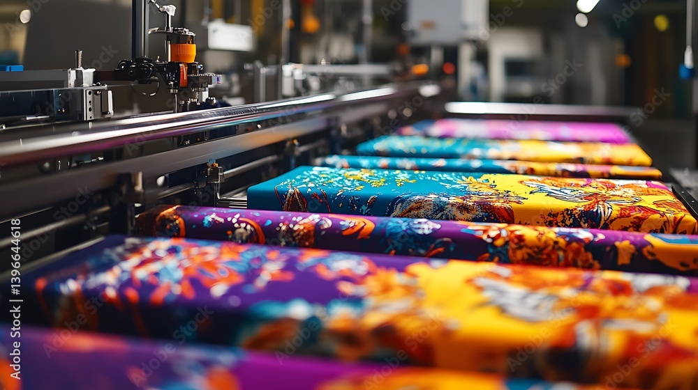 Fototapeta premium Vibrant fabric printing process in a modern factory, showcasing colorful patterns being printed