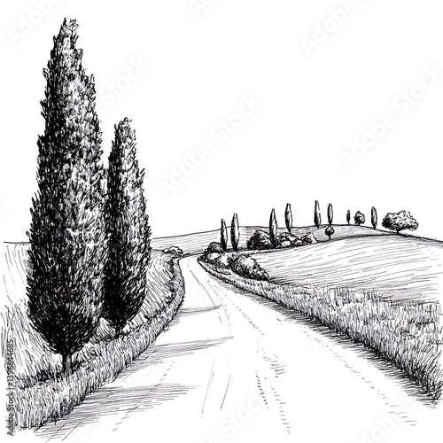 Country road winding through Tuscan landscape with cypress trees.