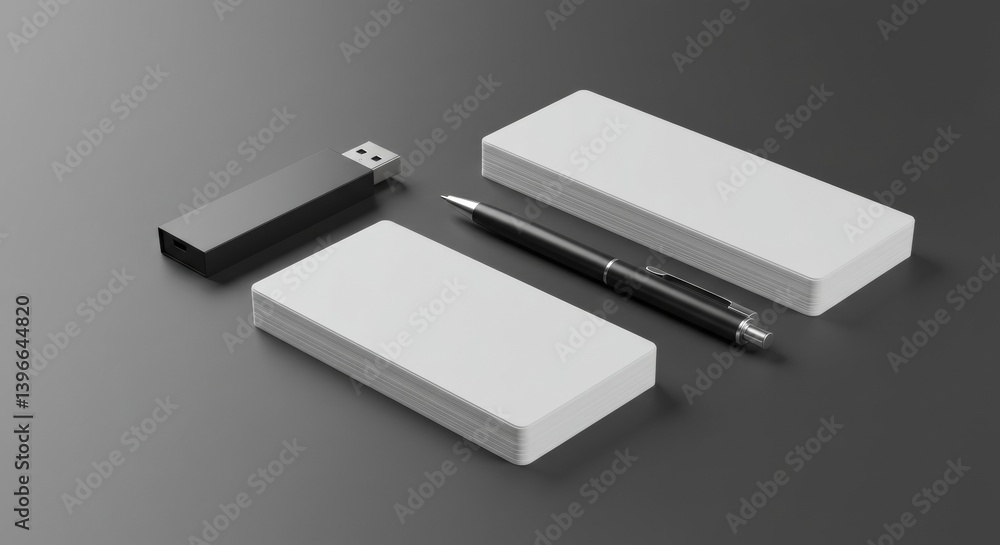 Blank cards, pen, and USB drive; marketing mockup Blank cards, pen, and USB drive; marketing mockup