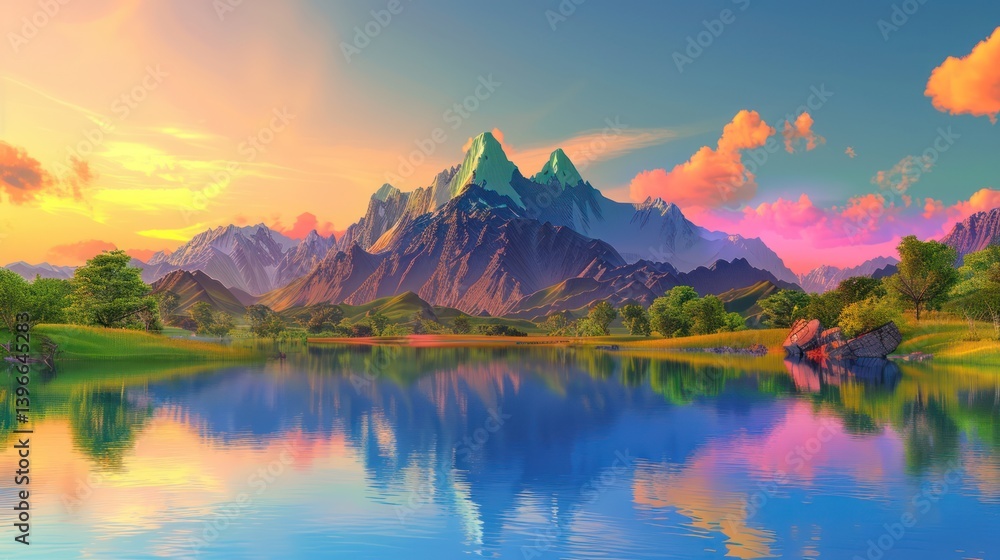 Majestic Mountain Range: Serene Nature Scene with Sunset, Green Forests, and Calm River - Tranquil Beauty of the Natural World for Travel, Tourism, and Environmental Promotion