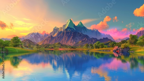 Obraz na płótnie Majestic Mountain Range: Serene Nature Scene with Sunset, Green Forests, and Calm River - Tranquil Beauty of the Natural World for Travel, Tourism, and Environmental Promotion w salonie