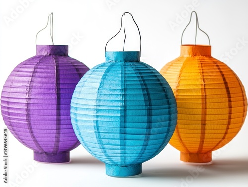 Colorful Homemade Paper Lanterns in Blue, Purple, and Orange for Realistic Photography and Creative Decorations