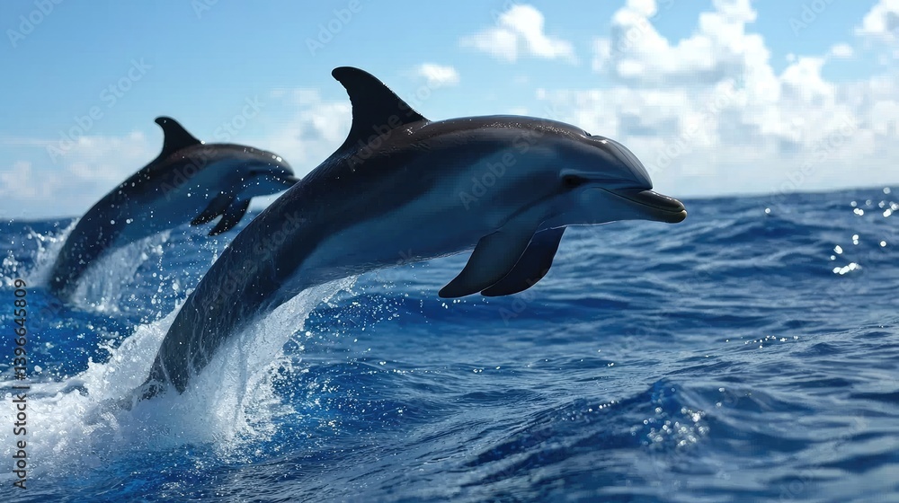 Two dolphins leaping gracefully in the ocean Two dolphins leaping gracefully in the ocean