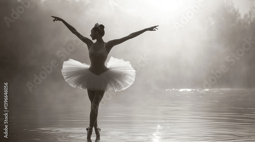 Ballerina in a white tutu dances gracefully on water in misty morning light
