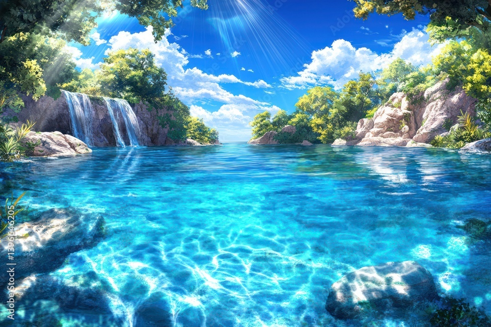 Tranquil Oasis: Secluded River in Lush Forest with Cascading Waterfall and Sunlight Filtering Through Trees, Inviting Viewers to Appreciate Nature's Beauty and Find Peace in the Serenity