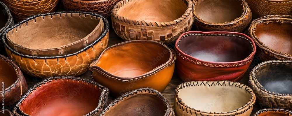 Leather Bowls Display, Artisan Crafts, Wooden Background Leather Bowls Display, Artisan Crafts, Wooden Background