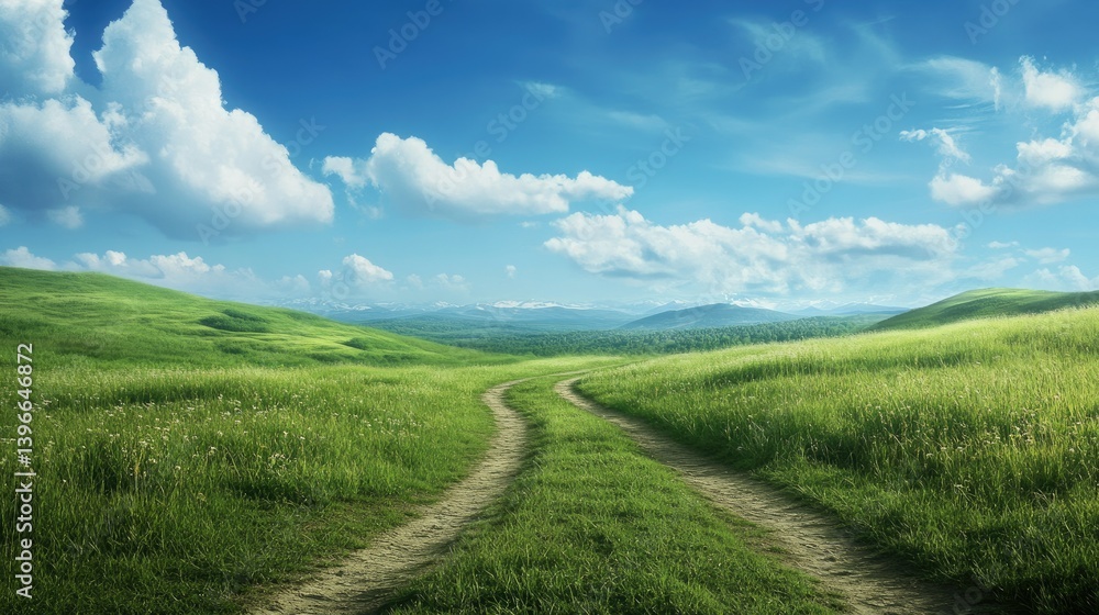 Obraz premium Walking Dirt Path Through Green Grassy Hills Under a Blue Sky