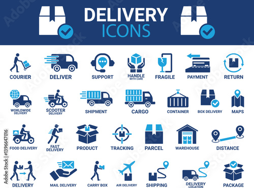 Delivery service Line art icon set. It contains order tracking, home delivery, warehouse, truck, scooter, courier, and cargo icons. Shipping symbol. Solid icons vector collection. Vector icons