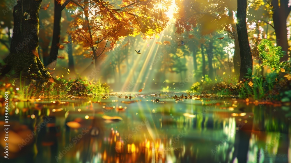 Tranquil Forest: Vibrant foliage, flowing river, dappled sunlight, diverse wildlife living in harmony. Preserving the beauty and complexity of nature.