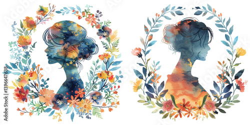 abstract silhouette of woman with flowers wreath watercolor vector illustration