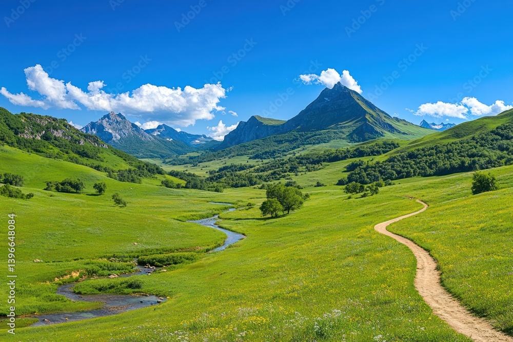 Tranquil Mountain Landscape with Rolling Hills, Lush Trees, and Vibrant Blue and Green Hues Evoking Peace and Harmony in Nature