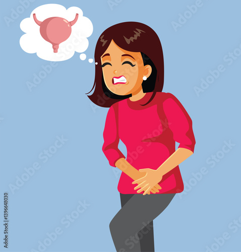 Woman with a Full Bladder Has Physiological Needs Vector Illustration. Person suffering from urinary infection feeling bad having problems
