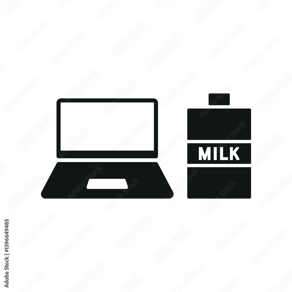 Laptop and milk set icon represents calm workspace, healthy habits, and cozy digital work environment. Laptop and milk set icon represents calm workspace, healthy habits, and cozy digital work environment.