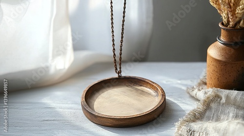 Realistic Natural Clay Jewelry Display with Wooden Base and Elegant Chain in Soft Light for Artistic Photography
