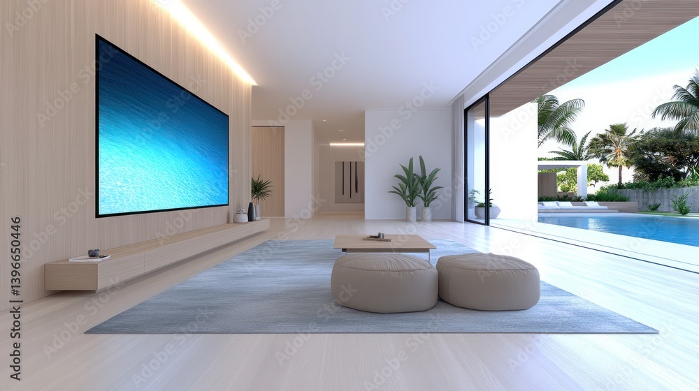 Spacious and elegant living room with large TV screen as focal point