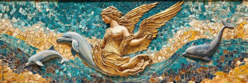 Obraz premium Painting of winged figure with dolphins and swan in blue and gold tones.