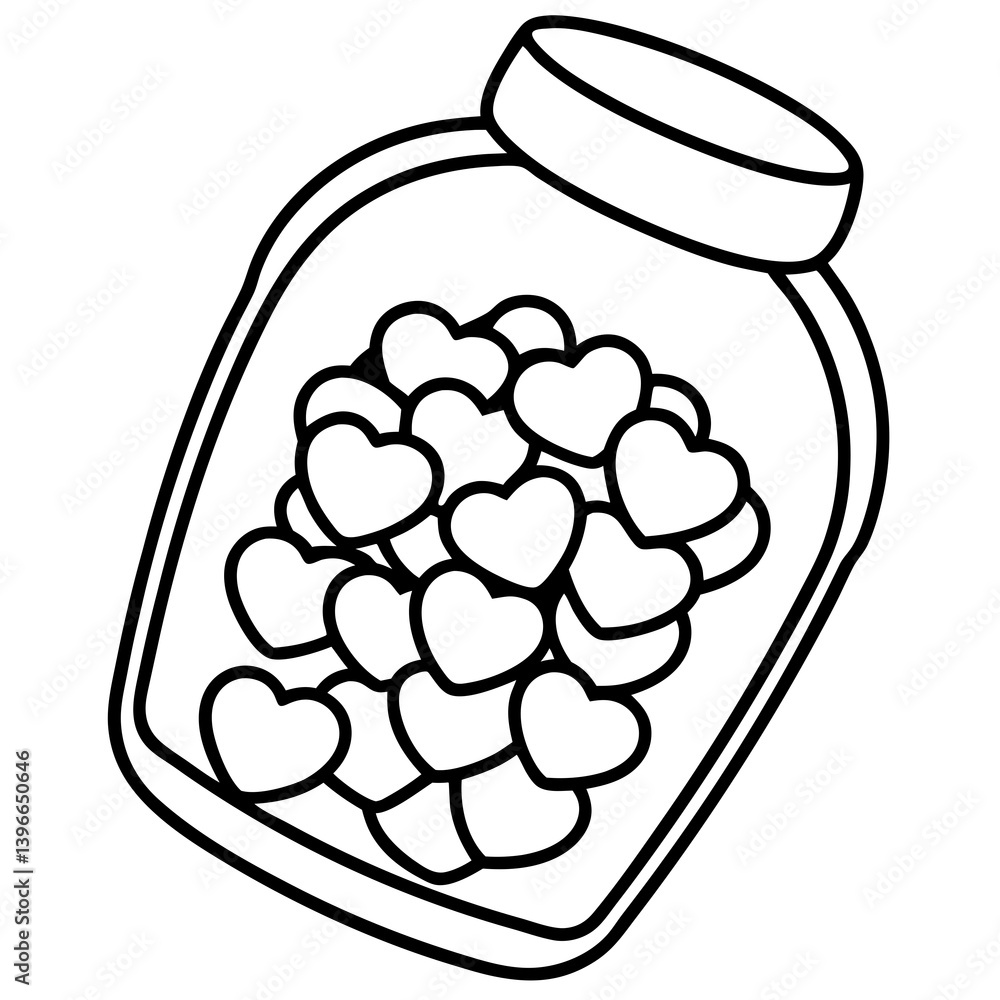 Candy jar with heart-shaped candies line art vector Candy jar with heart-shaped candies line art vector