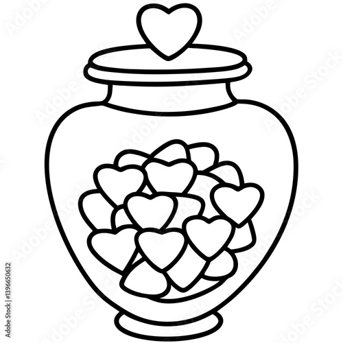 Candy jar with heart-shaped candies line art vector