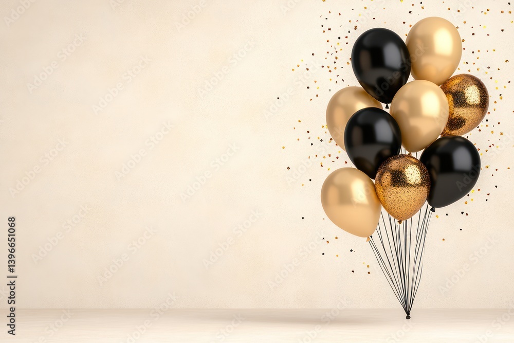 Shimmering Black and Golden Glitter Balloons and Confetti on Glittering Background for Birthday Holiday or Party Celebration with Space for Text, Festive Greeting Card