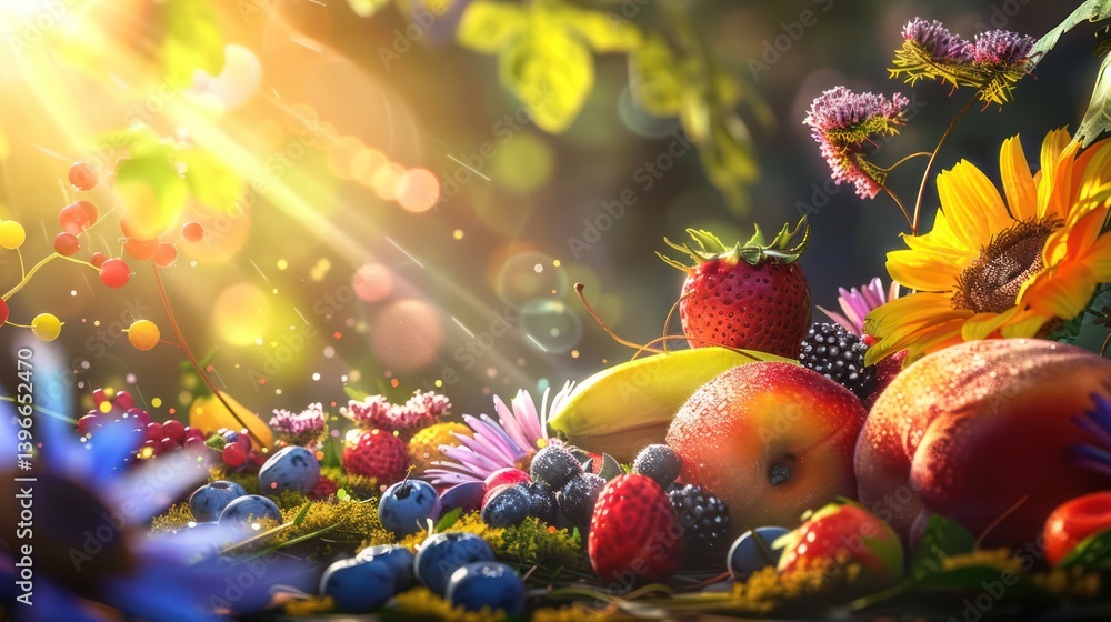 Summer Bounty: Vibrant Fruits and Flowers in Sunlit Garden