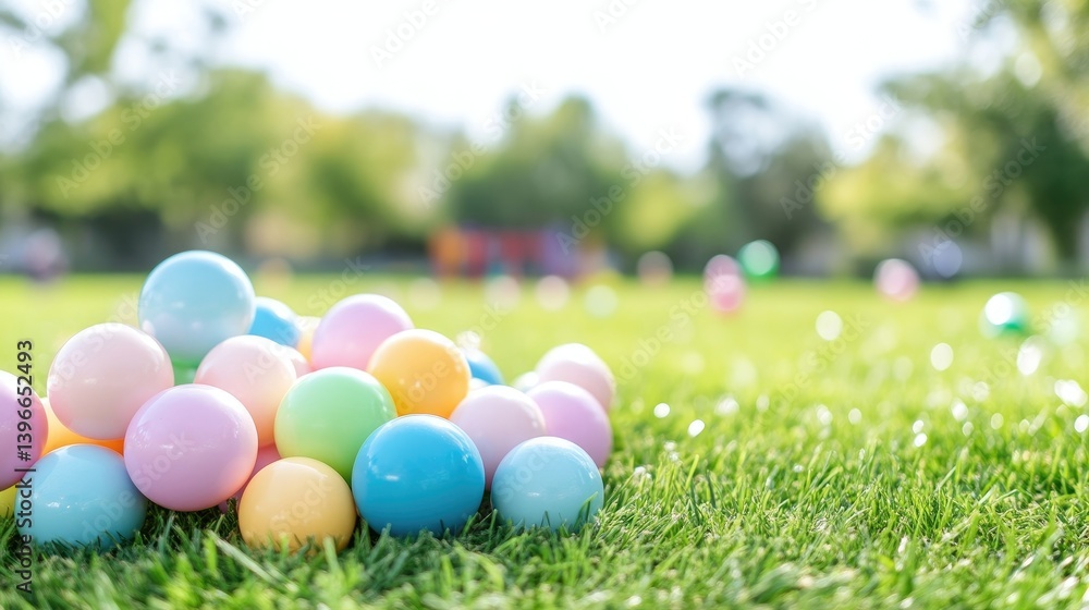 Colorful balls on a grassy park