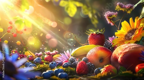 Obraz na płótnie Summer Bounty: Vibrant Fruits and Flowers in Sunlit Garden w salonie
