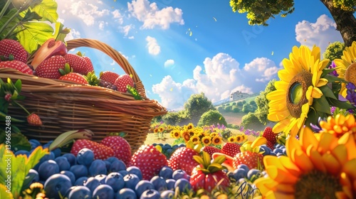 Obraz na płótnie Summer Bounty: Vibrant Fruits and Flowers in Sunlit Garden w salonie