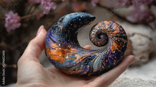 Realistic Painted Shell Jewelry Piece Captured in High Quality Photography with Vibrant Colors and Artistic Design