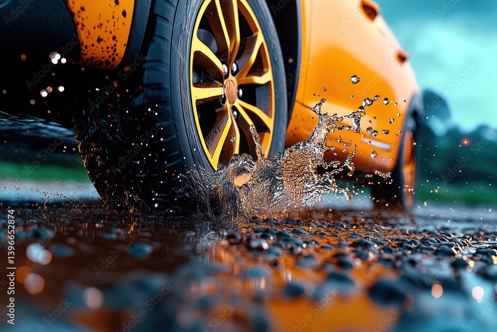 Car splashing through water puddle on road