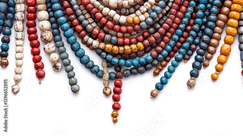 Colorful Beads Arranged in Artistic Pattern on White Background for Jewelry Photography