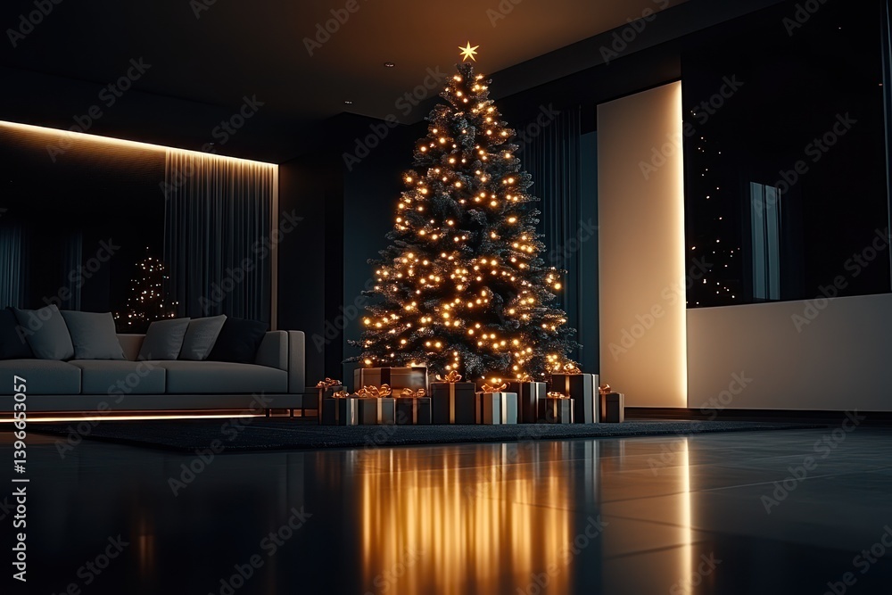 Festive Christmas home interior with decorated tree and presents