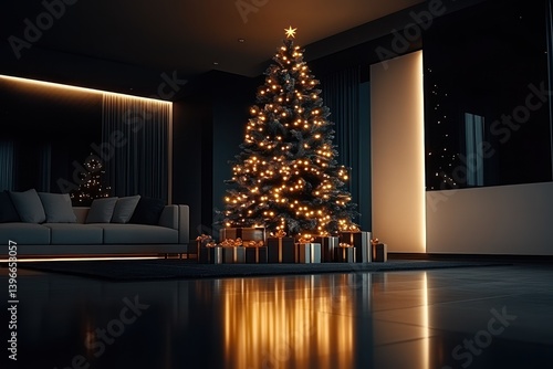 Obraz na płótnie Festive Christmas home interior with decorated tree and presents w salonie
