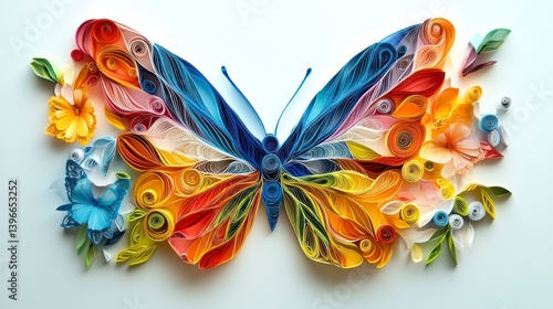Exquisite Quilling Artwork of a Vibrant Butterfly Surrounded by Floral Elements in Realistic Style